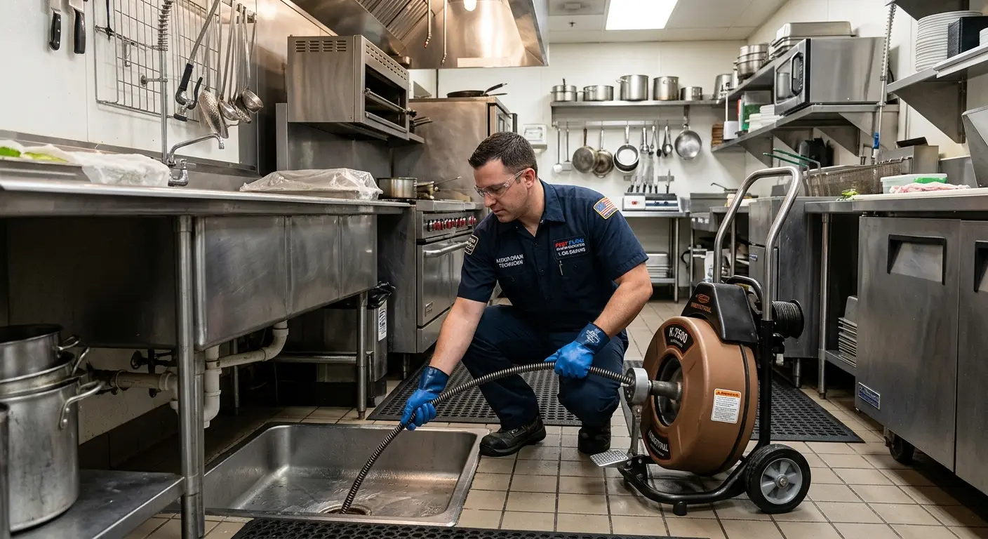 Commercial drain cleaning service in a restaurant kitchen in El Centro