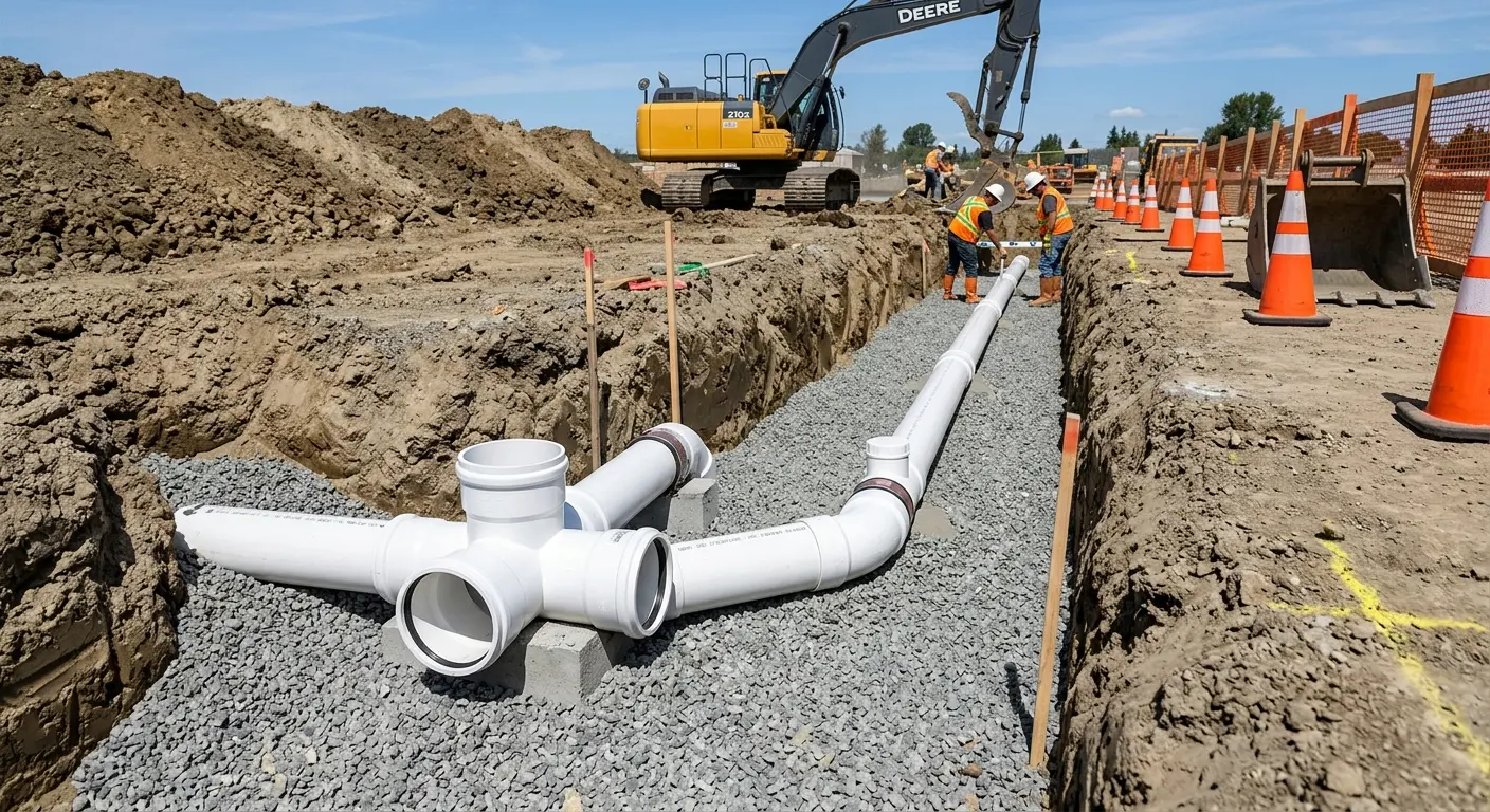 New PVC sewer pipe installation in open trench for Commercial Drain Cleaning in El Centro